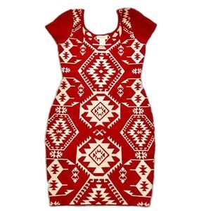 Fiancee Red Dress women bodycon short sleeve dress with geometric print size S